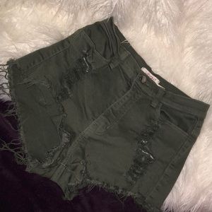 Hunter green distressed high waisted shorts